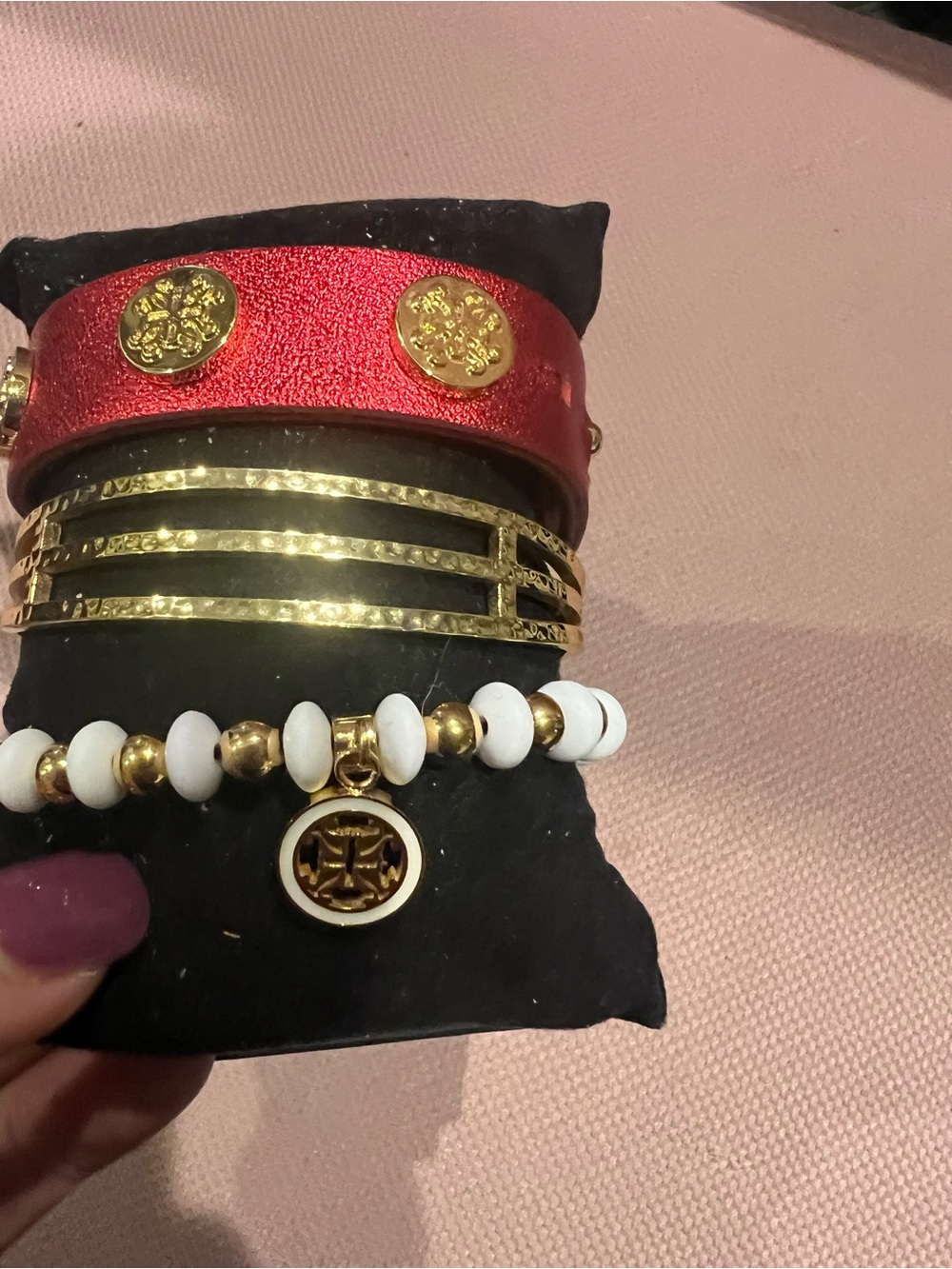 Rustic Cuff Gold and White Beaded Bracelet Set with Red Leather Accent